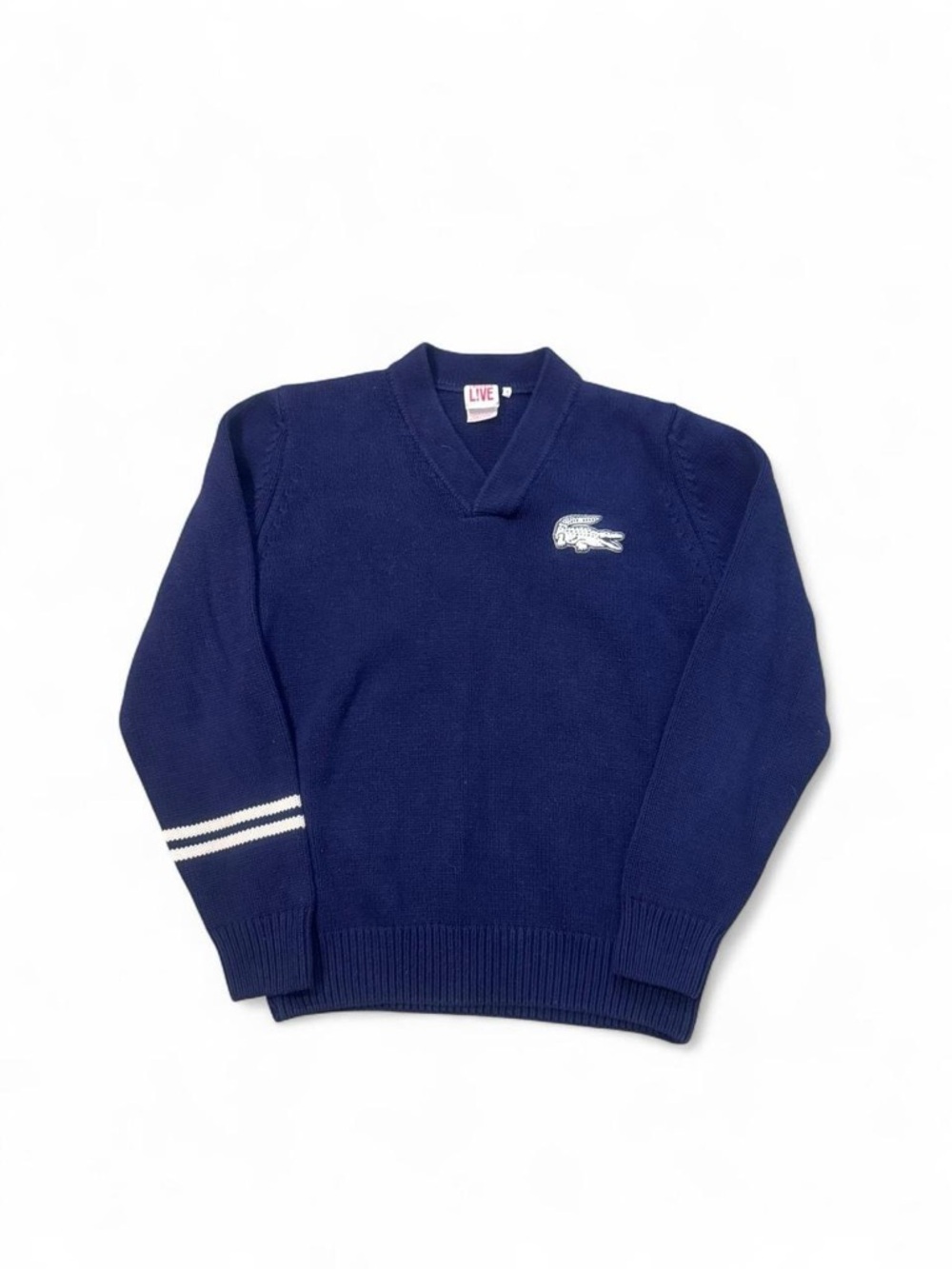Lactose L!VE big logo v neck sweater navy blue 4 small made in France RARE mens
